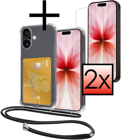 Hoes Geschikt voor Apple iPhone 17 Hoesje Pasjeshouder Cover Met Koord Shock Proof Case Siliconen Hoes Met Telefoonkoord en Kaarthouder Met 2x Screenprotector - Transparant