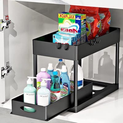 Repus - Keuken/Badkamer Opbergrek - Organizer - Kruidenrek - 2 Lagen - Uitschruifbaar - Gootsteen / Aanrecht Organizer - Zwart