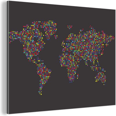 Aluminium schilderij 120x90 cm - Wanddecoratie metaal - Wereldkaart - Stippen - Kleuren - Metalen muurdecoratie woonkamer - Decoratie industrieel - Foto op dibond - Industriële accessoires slaapkamer