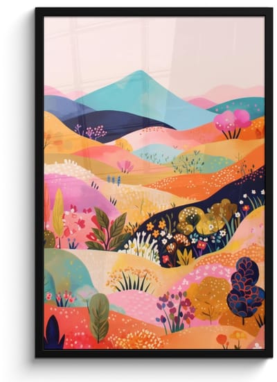 Poster in lijst - Fotolijst 60x90 cm - Posters - Golvende heuvels - Abstracte planten - Dromerig - Posterlijst zwart - Decoratie - Wanddecoratie woonkamer - Muurdecoratie slaapkamer