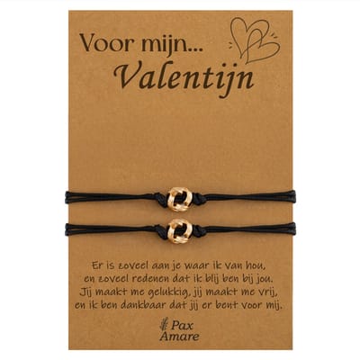 Koppel Armbandjes voor 2 "Voor Mijn Valentijn" - Knoopjes - Vriendschapsarmbandjes met Persoonlijk Cadeau Kaartje - Goudkleurig - Elastisch Verstelbaar - Pax Amare