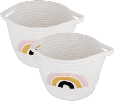 Set van 2 Kleine Opbergmanden van Gewoven Katoen, Ideaal voor Wasgoed, Handdoeken en Huishoudelijke Benodigdheden, 25 x 20 cm