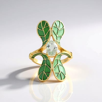 Cavill - Zilveren ring - 925 Sterling Zilver Verguld - 1,17 ct Braziliaanse Groene Amethist Ovaal - Elegant Bladmotief - Maat 16-21