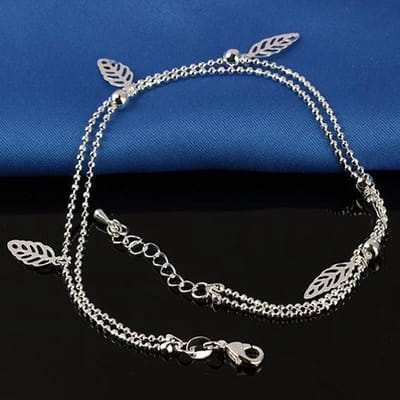 Fako Bijoux® - Enkelbandje - Enkelsieraad Verzilverd - Blaadjes - 22cm - Zilverkleurig