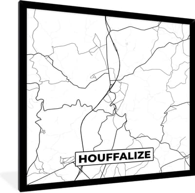 Fotolijst incl. Poster Zwart Wit- Stadskaart – Plattegrond – België – Zwart Wit – Houffalize – Kaart - 40x40 cm - Posterlijst