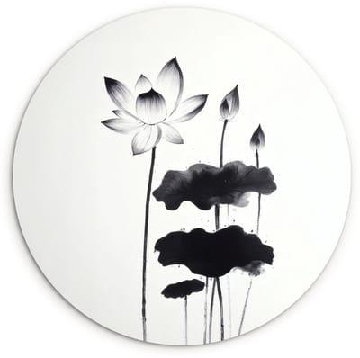 WallCircle® Wandcirkel 120x120 cm - Muurcirkel Bladeren - Zwart - Lotusbloem - Minimalitisch - Muurdecoratie woonkamer - Wanddecoratie slaapkamer - Kamer decoratie accessoires - Ronde schilderijen XXL