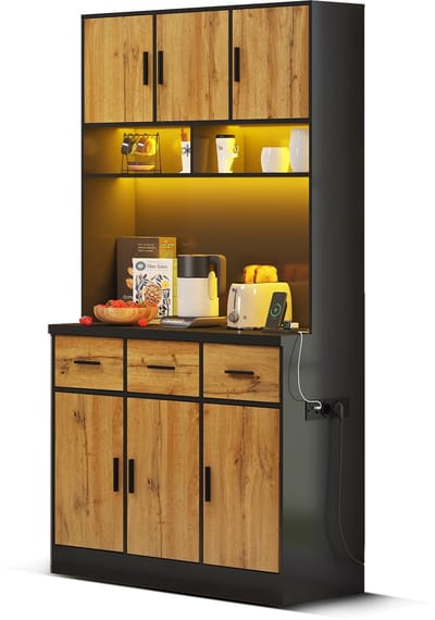 Keukenkast met stopcontact - Ruime opbergruimte met lades - Buffetkast met led verlichting - Voor keuken en eetkamer - 100x40x180cm Zwart