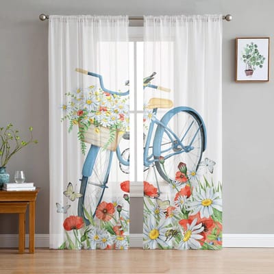 Fiets Bloem Schilderij Tule Gordijnen voor Woonkamer Gordijnen Raam Transparante Moderne Gordijnen voor Slaapkamer Decor 135W x 114H(cm) white