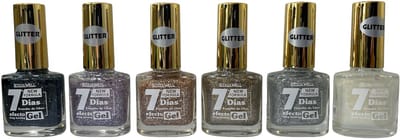 Leticia Well - Glitter Nagellak - Set van 6 flesjes - Zwart - Zilver met lila -Goud met zilver - Koel Goud - Zilver - Wit - Multi, grote, kleine en mini glitters - Inhoud per flesje 13 ml.