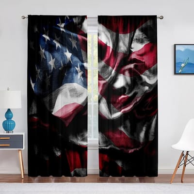 Onafhankelijkheidsdag Amerikaanse Vlag Tule Gordijn voor Slaapkamer Raamdecoraties Woonkamer VS Strepen Chiffon Transparante Gordijn Draperieën 1 PCS W100XH250cm&Grommet Top