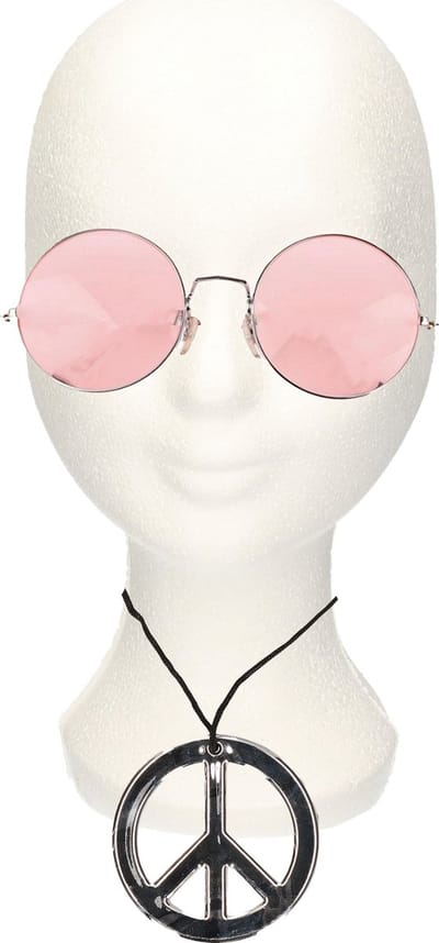 Smiffys Hippie Flower Power verkleed set - peace ketting - en ronde glazen party bril - roze - volwassenen