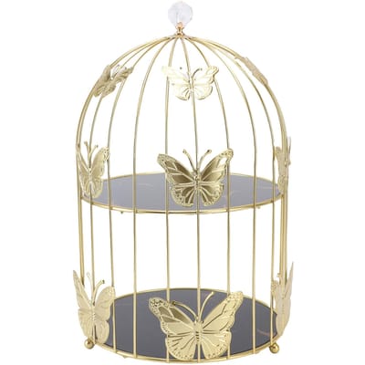 Gouden cosmeticarek in de vorm van een vogelkooi, bureau-organizer voor make-up, dubbele cupcake-taartstandaard, multifunctioneel voor beige