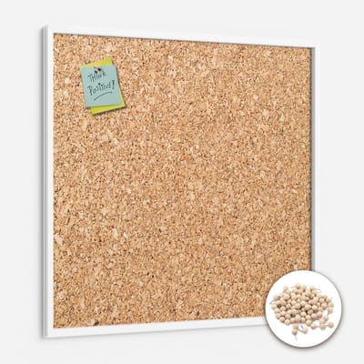 Tulup Prikbord - Kurkbord Met Frame - 50 cm x 50 cm - Kurkbord in een Witte Lijst - 100 Houten Punaises Gratis Meegeleverd - School Kurkbord - Prikbord Kantoor - Wandbord Met Kurklaag - Kurkbord Voor Notities - Prikbord Met Houten Lijst