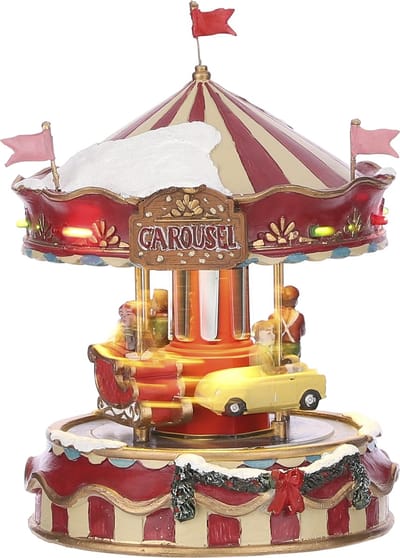 Luville Little Carousel - Kerstdorp Miniatuur Draaimolen met Verlichting - Kerstversiering voor Binnen - Guirlande op Batterijen - Kerstslingers Kermisscène - L13 x B13 x H17,5 cm - Rood