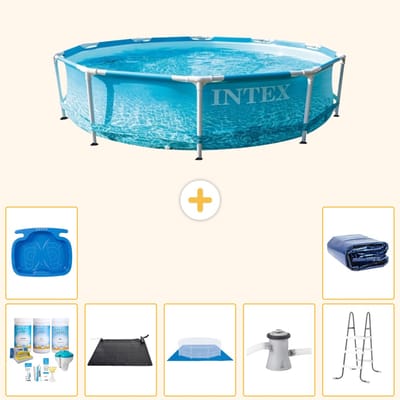 Intex Rond Frame Zwembad - 305 x 76 cm - Waterprint - Inclusief Onderhoudspakket - Solar Mat - Grondzeil - Zwembadfilterpomp - Voetenbad - Ladder - Solarzeil - 8-delig