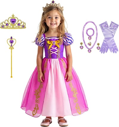 Joya Kids® Roze Prinsessenjurk meisje Korte Mouw | Verkleedjurken meisjes | Prinses jurk Meisje Roze en Paars | Met Kroon, Toverstaf, Handschoenen en Sieraden | Maat 130