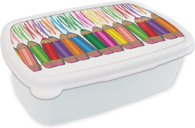 Broodtrommel Wit - Lunchbox - Brooddoos - Kleurpotlood - Patronen - Regenboog - 18x12x6 cm - Volwassenen