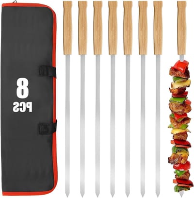 Extra lange RVS shashlikspiesen van 42 cm voor kebab en grillen, inclusief handige opbergtas en accessoires