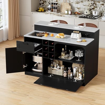 Keuken Eiland - Buffetkast Bar - Keuken Organiseren - Met Ingebouwde Stopcontacten - 125 cm Breed - Wit Zwart