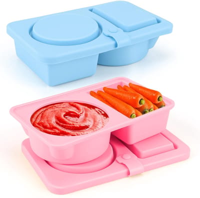 2 stuks 2-compartimenten snackpotten met deksels, kleine siliconen snackbakjes met 2 compartimenten (70+90 ml), dubbellaagse sausdoos met deksels, herbruikbare snack- en dipbakjes