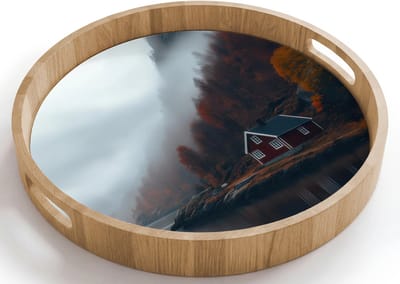 Dienblad rond 40x40 cm - Schootdienblad hout - Huis - Rood - Bergen - Water - Borrelplank rechthoek - Plateau houten dienbladen