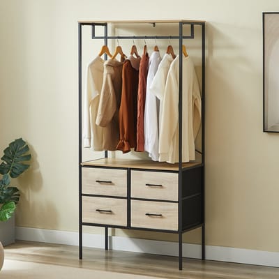 CASABEL Kledingkast 80×40×167 cm, meubelstuk met 4 lades voor slaapkamer of hal, hout & zwart metaal