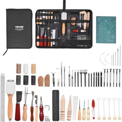 VEVOR 59-delige set met leerbewerkingsgereedschap, met draagbare opbergtas van canvas, grafisch gereedschap, stansgereedschap, naaigereedschap, snijgereedschap, ideaal voor beginners en professionals.