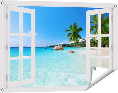 Gards Tuinposter Doorkijk Tropisch Strand en Zee - 90x60 cm - Tuindoek - Tuindecoratie - Wanddecoratie buiten - Tuinschilderij