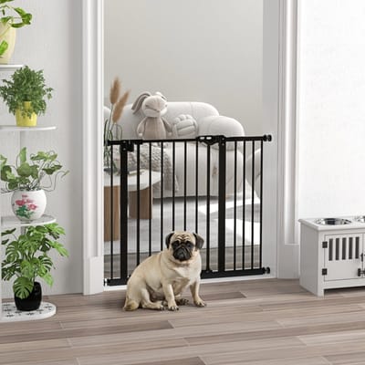 MODFU - Huisdierhekje - Verstelbare Breedte En Automatische Sluiting - Voor Deuropeningen En Trappen - Metaal - Zwart - 74-80/87-94 Cm
