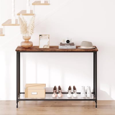 Smalle consoletafel, halmeubel met 2 opbergniveaus en glazen legplank, metalen constructie, modern industriële stijl, rustiek bruin