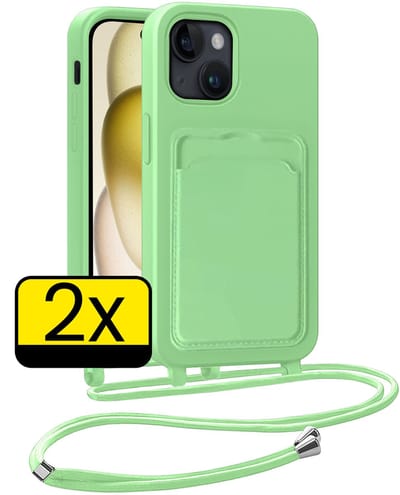 Hoesje Geschikt voor iPhone 15 Plus Telefoonhoesje Met Koord Case Pashouder Siliconen - Hoes Geschikt voor iPhone 15 Plus Hoesje Met Kaarthouder - Groen - 2 Stuks