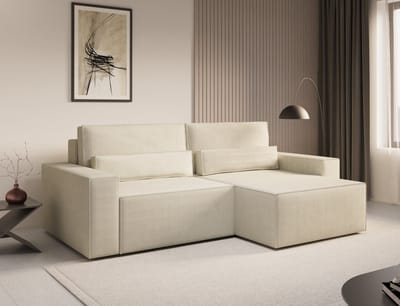 Ecksofa DENVER MINI aus Cord, Ottomane beidseitig montierbar Couch CInspireME Denver Mini Hoekbank - Slaapfunctie - 200x140 cm - Corduroy Stof - Beige - Poso 105