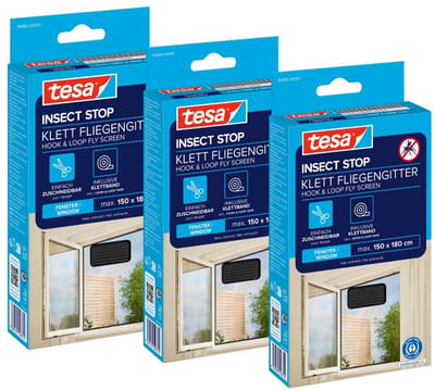 tesa INSECT STOP H&L Fly Screen for Window - hor met klittenband, op maat snijden, zonder boren - 3 net - 150 x 180 cm - antraciet (transparant)