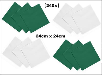 240x Servetten groen en wit 24cm x 24cm - 3 laags - Cocktail servet diner eten knoeien restaurant BBQ thema feest verjaardag feest WK