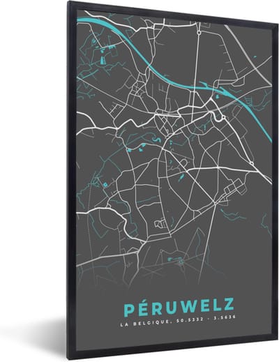 Fotolijst incl. Poster - Stadskaart – Grijs - Kaart – Péruwelz – België – Plattegrond - 40x60 cm - Posterlijst