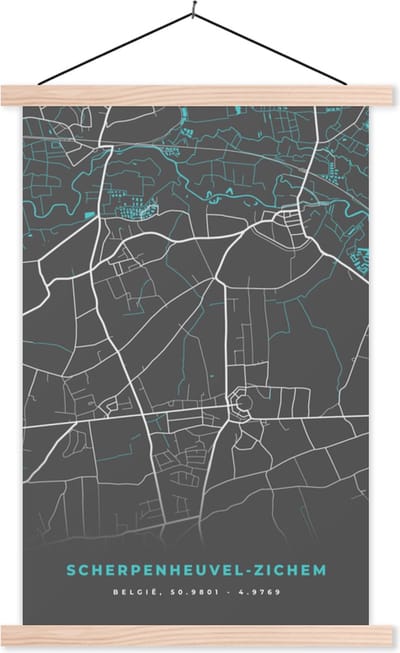 Posterhanger incl. Poster 40x60 cm - Schoolplaat - België – Scherpenheuvel Zichem – Stadskaart – Kaart – Blauw – Plattegrond - Textielposter - Blanke latten - Stadskaart