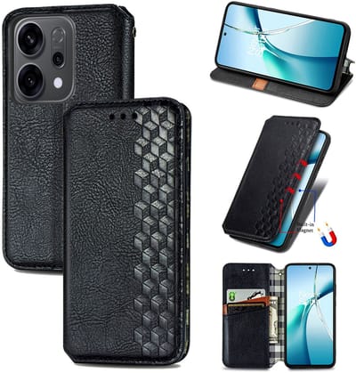 Luxe PU Lederen Ruitpatroon Wallet Case voor OPPO Reno 13 5G / 14 5G _ Zwart