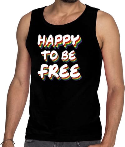 Happy to be free gay pride tanktop/mouwloos shirt - zwart 3D regenboog singlet heren - gay pride S