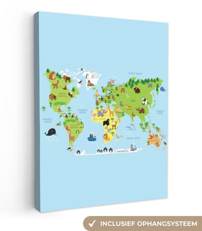 Canvas kinderen - Decoratie kinderkamers - Wereldkaart - Kinderen - Dieren - Kleuren - Wanddecoratie jongens - Meisjes - Schilderij voor kinderen - 120x160 cm