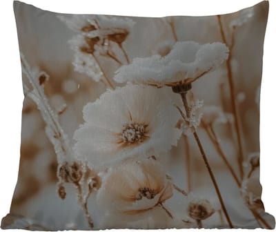 Buitenkussen Weerbestendig - Bloemen - Winter - Wit - Sneeuw - Beige - 50x50 cm