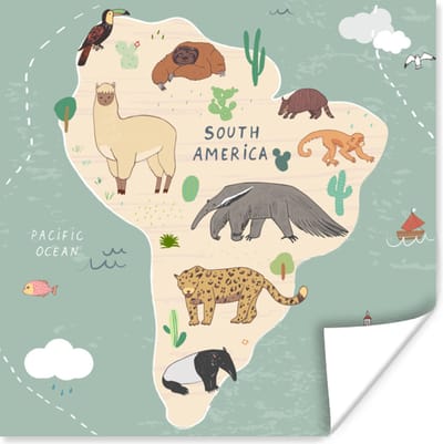 Wereldkaart kinderen - Dieren - Turquoise - Jongens - Blauw - Kids - 30x30 cm - Poster