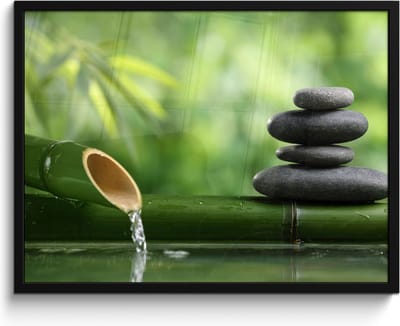 Poster in lijst - Fotolijst 80x60 cm - Posters - Zen - Stenen - Groen - Natuur - Bamboe - Posterlijst zwart - Wanddecoratie badkamer - Muurdecoratie WC - Decoratieve accessoires - Toilet muur decoratie