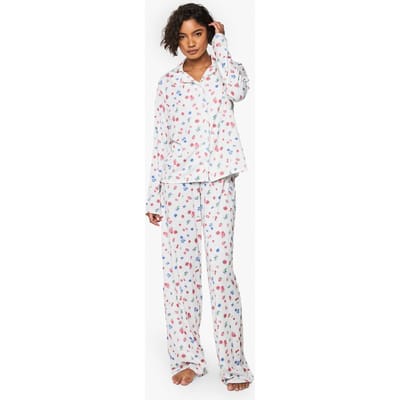 boohoo Dames Hoge Fruitprint Pyjama Set met Lang Mouw Overhemd en Broek voor Lange Personen | White | Maat: 14
