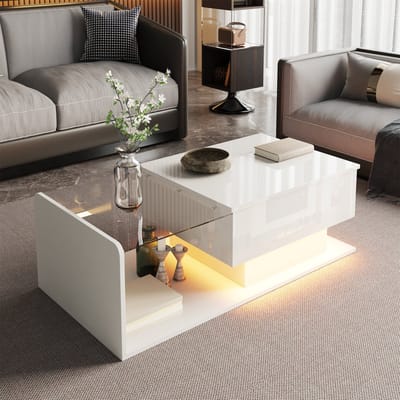 REDOM Salontafel 100 L x 50 B x 33/47,5 H van spaanplaat en gehard glas, hoogglans met LED-licht