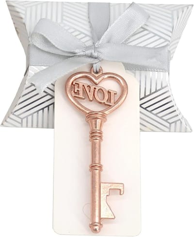 50 Stuks Hartvormige Sleutelopeners met Liefde, Vintage Gastengeschenk Set, Souvenir met Bedanklabel en Zijde Ribbons in Roze Goud