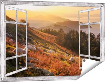 Gards Tuinposter Doorkijk Schapen in de Bergen - 90x60 cm - Tuindoek - Tuindecoratie - Wanddecoratie buiten - Tuinschilderij