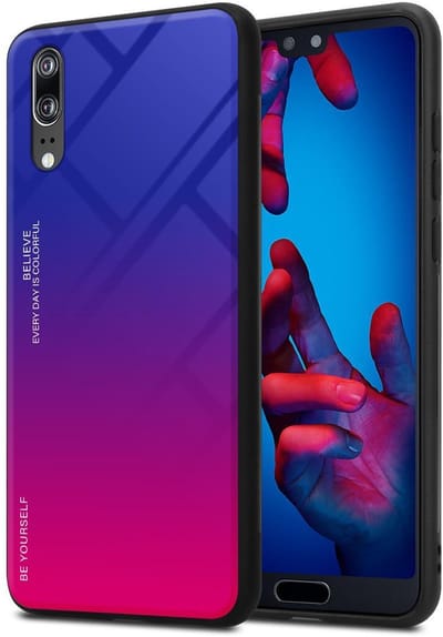 Cadorabo Hoesje geschikt voor Huawei P20 in PAARS - ROOD - Tweekleurige beschermhoes van TPU-silicone Case Cover en achterzijde van gehard glas