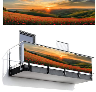 Balkonscherm 300x80 cm - Balkonposter Klaprozen - Bloemen - Heuvels - Zonsondergang - Balkon scherm decoratie - Balkonschermen - Balkondoek zonnescherm