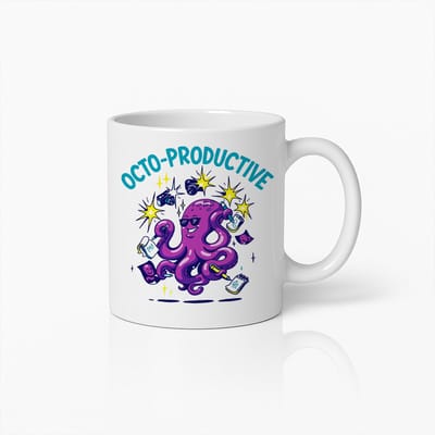 Octo-Productive Mok 330ml – Grappige Octopus Koffiebeker voor Werk & Motivatie – Perfect Cadeau voor Kantoorwerkers, Studenten & Doorzetters