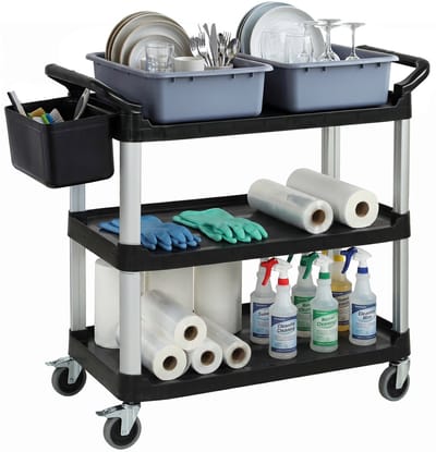 HOMCOM – Reinigingskar – 3 planken – 100kg – met 2 containers&zijemmer-Zwart